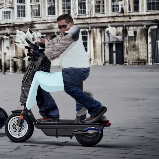 Prompt: A seagull on too of the the head of a man, the man is riding an electric scooter, he has a seagull on his head