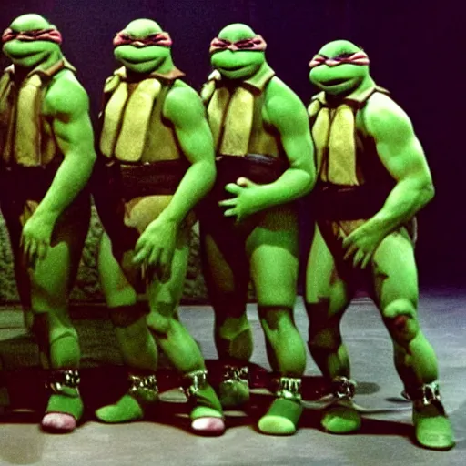 Image similar to fab four teenage mutant ninja turtles on the ed sullivan show