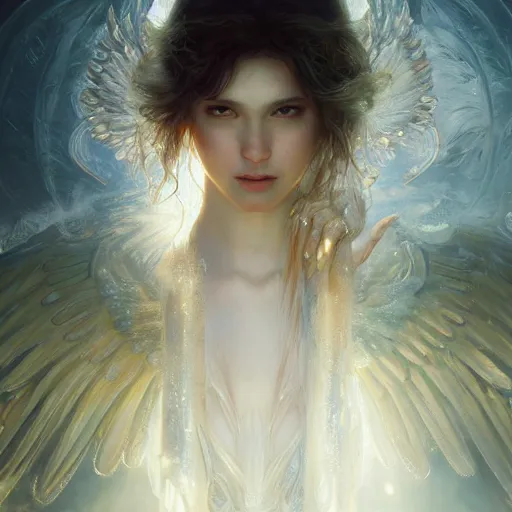 Image similar to angel warrior, beautiful, stunning, gold mist, radiating power, energy, god rays, luminescence, fractal, smooth white and soft by ruan jia, tom bagshaw, alphonse mucha, krenz cushart, vray render, artstation, deviantart, pinterest