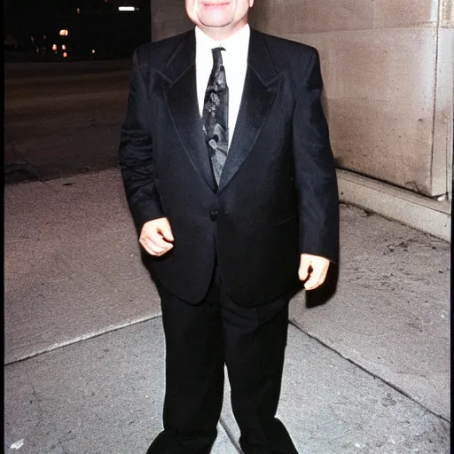 Prompt: 1 9 9 6 nathan lane wearing a black suit and necktie standing on the streets of chicago at night.