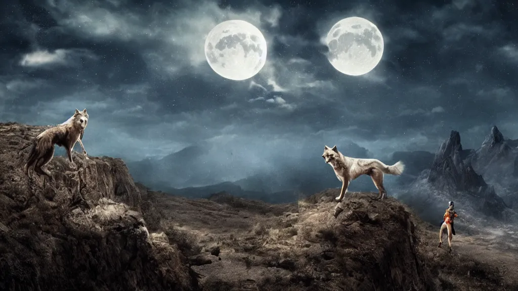 Prompt: epic cinematic shot of david bowie riding a wolf at night on a cliff with the moon in the background; artstation; deviantart; high quality trending