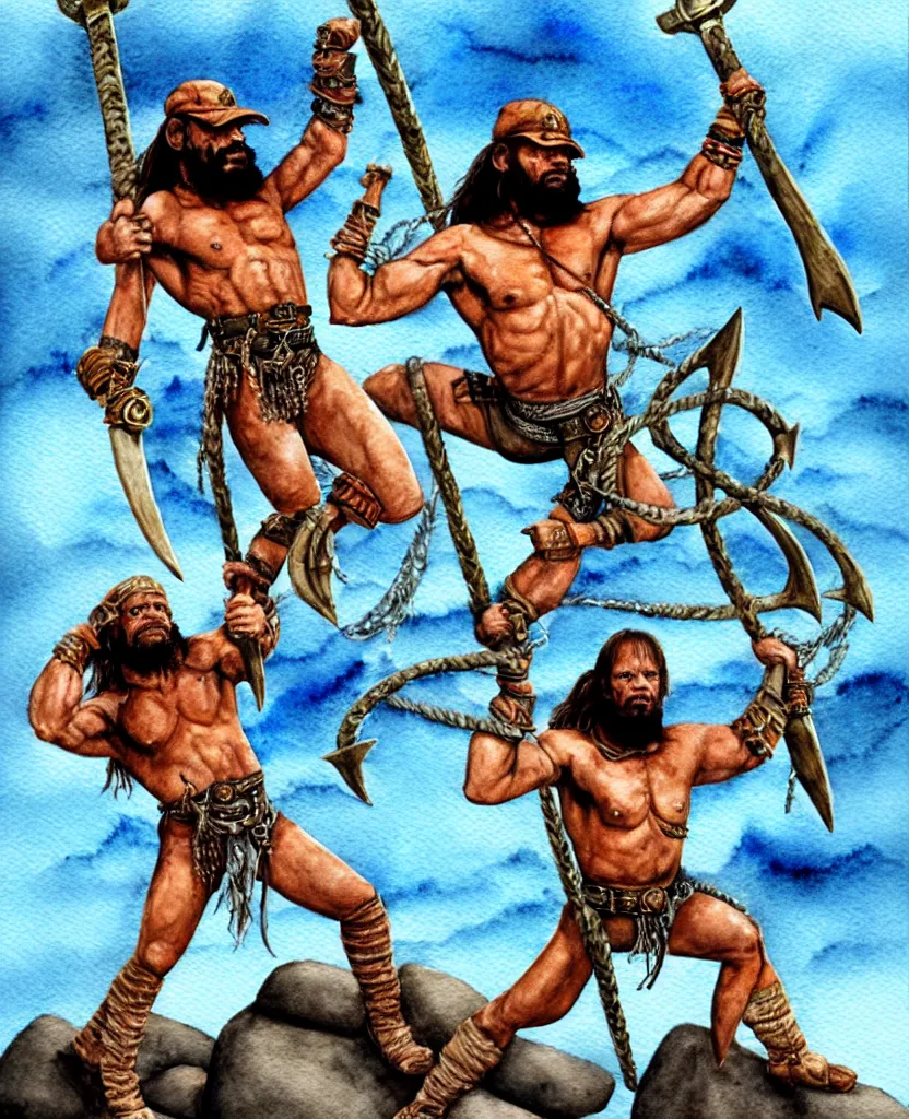 Image similar to randy savage with an anchor weapon slung over his shoulder and foot heroically on a boulder posing in desolate wasteland | fantasy watercolour painting | middle earth | conan | darksun | d & d dungeons and dragons | barbarian