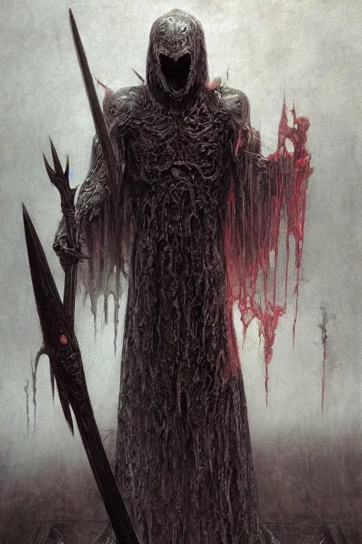 Image similar to Distorted god knight in robe with a giant reaper scythe, dark fantasy, intricate, highly detailed, smooth, artstation, painted by Wayne Barlowe, zdislav beksinski, Francis Bacon