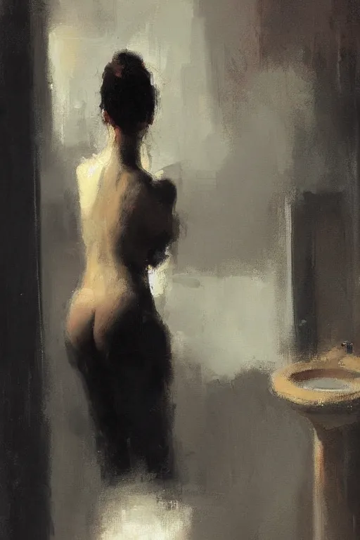 Image similar to a beautiful painting by christian hook of a woman in a bathroom, brushstrokes by jeremy mann, still life, dark colors