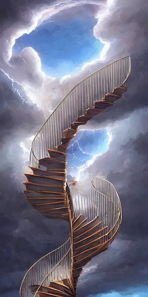 Image similar to a spiral upside - down edgy staircase to heaven, storm, lightnings, highly detailed, sharp focus, matte painting, by rhads, artgerm, isaac levitan and asher brown durand,