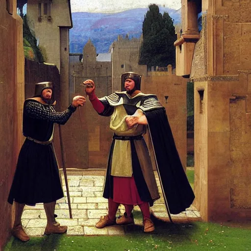 Image similar to Troy and Abed as medieval knights, masterpiece painting by Edmund Leighton