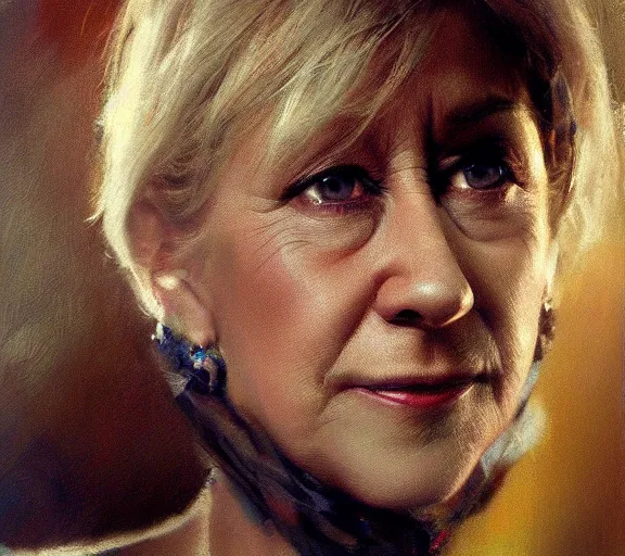 Image similar to a hyper-detailed photograph of Helen Mirren by Craig Mullins; oil on canvas; trending on artstation