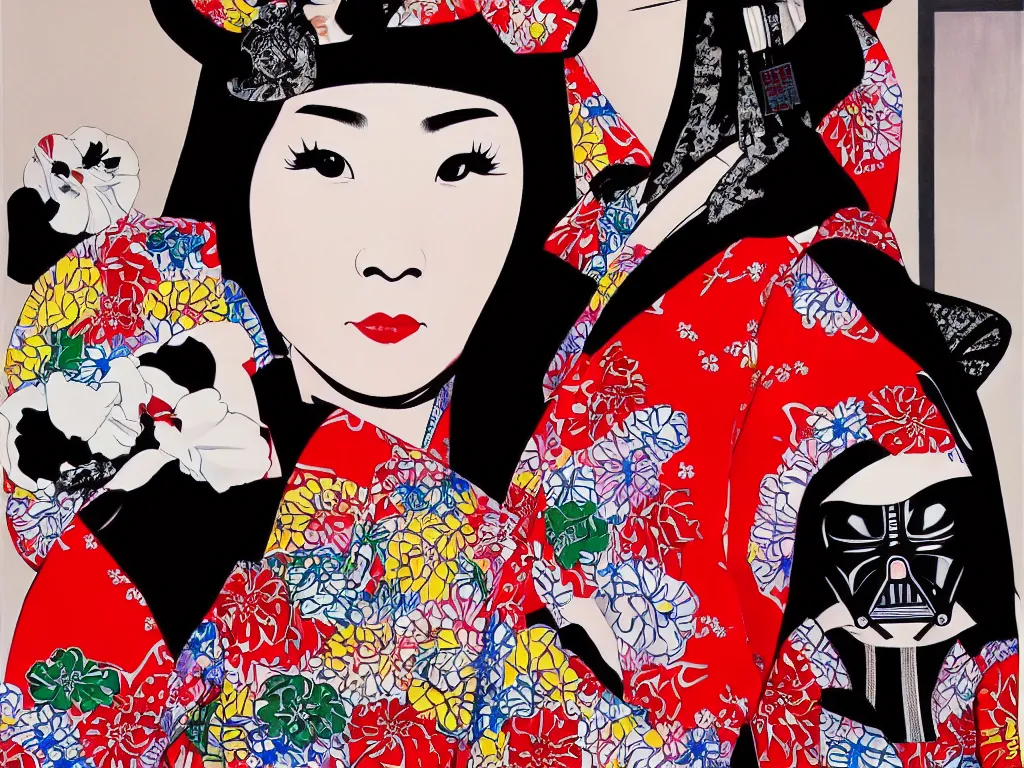 Image similar to hyperrealism composition of the detailed woman in a japanese kimono sitting at an extremely detailed poker table with darth vader, shiba inu, fireworks on the background, pop - art style, jacky tsai style, andy warhol style, acrylic on canvas