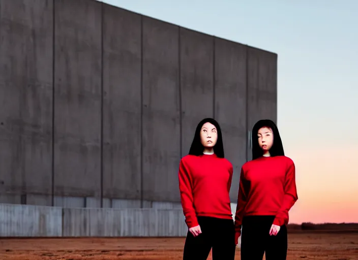 Prompt: photographic portrait of 2 clones in front of a brutalist metal building, 2 techwear women, on a desolate plain, red sky, black oversized clothes, sigma 8 5 mm f / 1. 4, 4 k, depth of field, high resolution, 4 k, 8 k, hd, full color