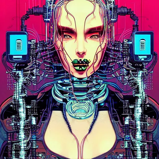 Image similar to a portrait of a beautiful cybernetic woman, cigarette in mouth, wires, cyberpunk concept art by josan gonzales and philippe druillet and dan mumford and enki bilal and jean claude meziere