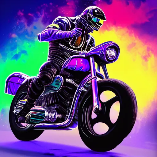 Image similar to colorful blacklight airbrush artwork, motorcycle, stylized action shot of an orc biker riding a motorcycle, drifting, skidding, wheelie, clear focused details, soft airbrushed artwork, black background, cgsociety, artstation