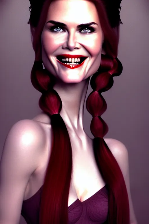 Image similar to mix of beautiful young maria shriver, mariel hemmingway, brooke shields, nicole kidman and elle macpherson as a vampire showing vampire teeth, ready to bite, thin lips, hair tied up in a pony tail, dark blonde hair, colorful, deviantart, artstation, cgsociety