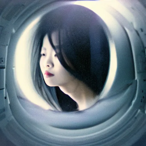 Image similar to a korean woman with long black hair and grey / black futuristic metallic clothing floating in zero - gravity in a spaceship with a white and blue futuristic interior. orange lighting, kodak film grain, expired film