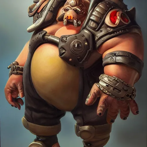 Image similar to detailed portrait of roadhog from overwatch, intricate, hyper detailed, realistic, oil painting, by julie bell, frank frazetta, cinematic lighting