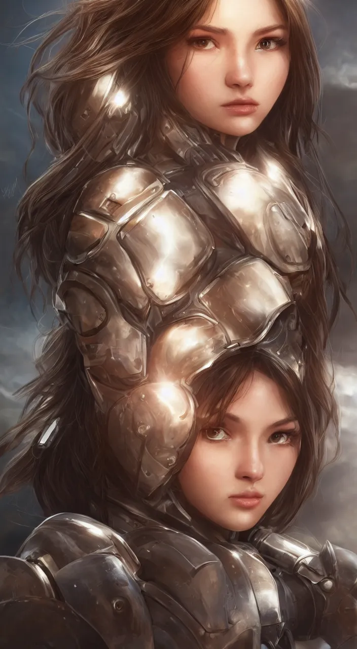 Prompt: detailed portrait of perfect brown haired girl, semi - android, tight armor, beautiful, pretty face, blue cyborg eyes, innocent, scifi, 4 k, sun yunjoo, ultra realistic, aura of light, cinematic lighting, highly detailed, sharp focus, artstation, masterpiece, art by hyungjin yang