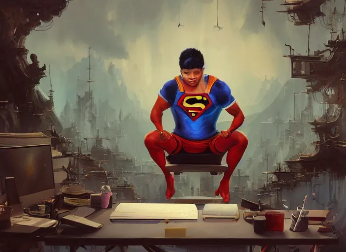 Image similar to an insanely detailed painting of an asian man wearing a homemade superhero costume, sitting at a desk, staring seriously at the computer and typing, in the style of peter mohrbacher, james jean, ruan jia, dramatic lighting and composition, surreal background, octane render, pixar, trending on artstation, concept art, comic book, view from behind, 8 k