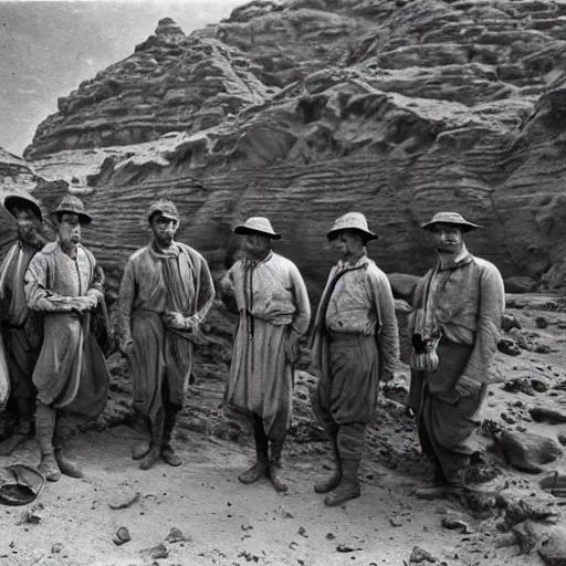 Prompt: ultra detailed photorealistic sepia - toned photo from 1 9 1 7, a small group of british soldiers standing with bedouin traders in traditional arab garb, at an archaeological dig site in wadi rum, ultra realistic, painted, intricate details, lovecraft, atmospheric, dark, horror, brooding, highly detailed, by clyde caldwell