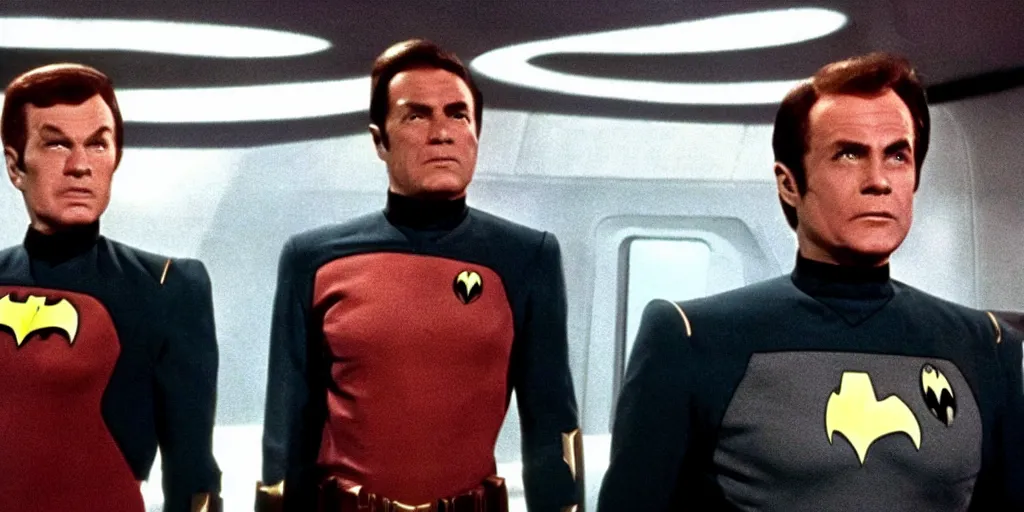 Prompt: ((Batman)) in Starfleet!!! uniform, in the role of Captain Kirk in a scene from Star Trek the original series