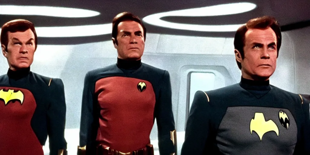 Image similar to ((Batman)) in Starfleet!!! uniform, in the role of Captain Kirk in a scene from Star Trek the original series