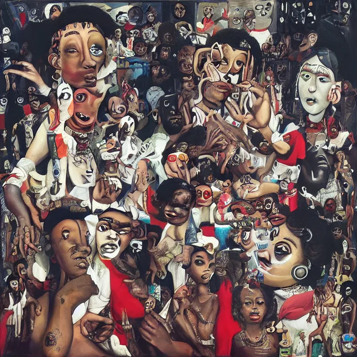 Image similar to trap music dreams by george condo, hip - hop, rnb, rap, perfect composition, intricate, very detailed, cover art, 4 k