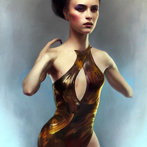 Prompt: Epic cinematic portrait of a very beautiful dollpunk female wearing Abstract bodysuit, focus, realistic eyes, symmetric body features proportions, golden ratio, ultra intricate details, award winning, unreal render, by Tom Bagshaw