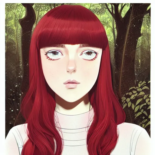 Image similar to Character portrait of a young beautiful woman with long flowing red hair in a lush park, beautiful face, long dark hair with bangs, wearing a black turtleneck sweater, highly detailed, cel shading, Studio Ghibli still, by Ilya Kuvshinov and Akihiko Yoshida