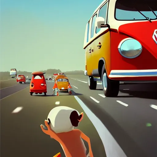 Image similar to goro fujita ilustration a volkswagen full of people on the highway, painting by goro fujita, sharp focus, highly detailed, artstation