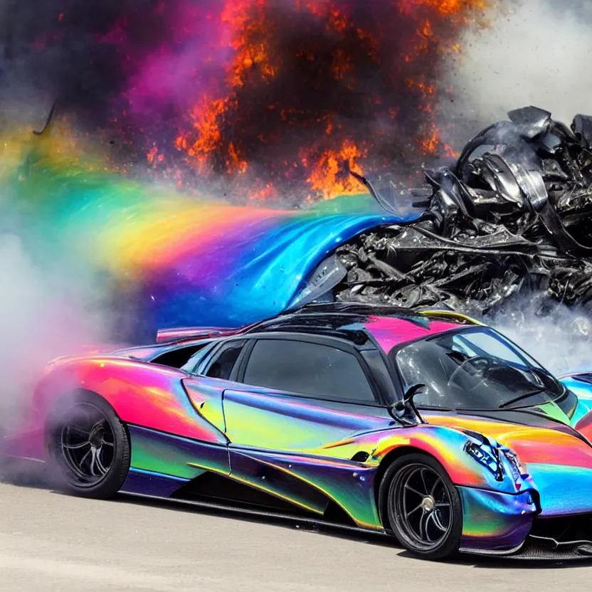 Prompt: close - up of an iridescent rainbow pagani huayra on fire after a big crash, 8 k, highly detailed, realistic, award winning, look at all that detail!