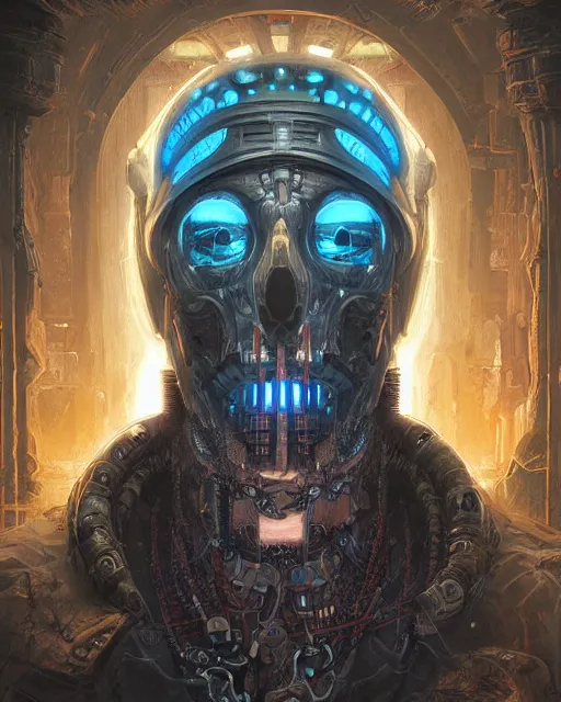 Image similar to digital painting of cyberpunk cizin mayan god of death by filipe pagliuso and justin gerard symmetric fantasy highly detailed realistic intricate port