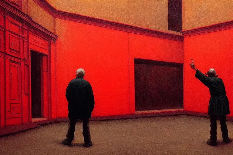 Image similar to only with red, a red old man try to sell a portrait, crowd cheering, in a city square, in the style of beksinski, parts by edward hopper, parts by rodcenko, parts by yue minjun, intricate and epic composition, red by caravaggio, insanely quality, highly detailed, masterpiece, red light, artstation, 4 k