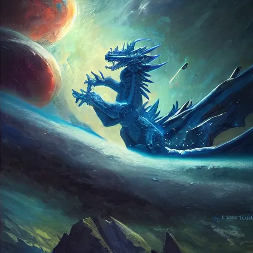 Prompt: prompt blue crystalline dragon, devouring a planet, space, planets, moons, sun system, nebula, oil painting, by Fernanda Suarez and and Edgar Maxence and greg rutkowski