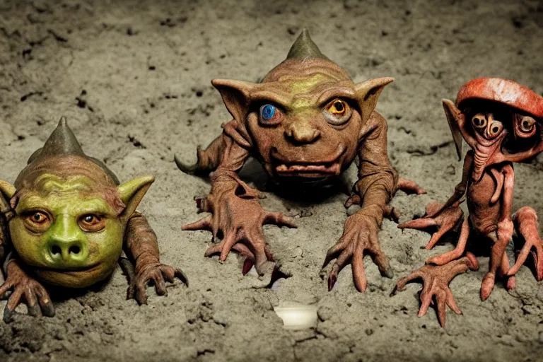 Prompt: autochrome photo of vintage disgusting brown Boglins, plastic goblin monster toys in sewer, kaiju, oni, realistic