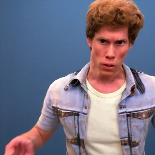 Image similar to Live Action Still of Jerma in Napoleon Dynamite, real life, hyperrealistic, ultra realistic, realistic, highly detailed, epic, HD quality, 8k resolution, body and headshot, film still