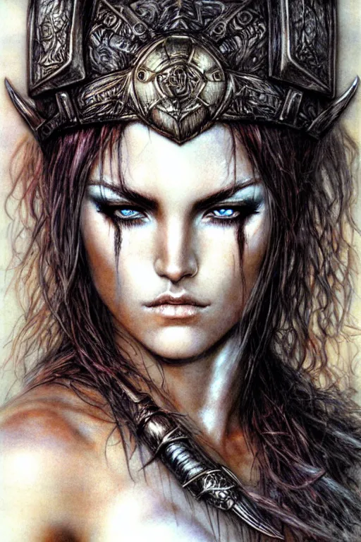 Prompt: head and shoulders portrait of a barbarian, female, high fantasy, dnd, extremely detailed, face details, by luis royo