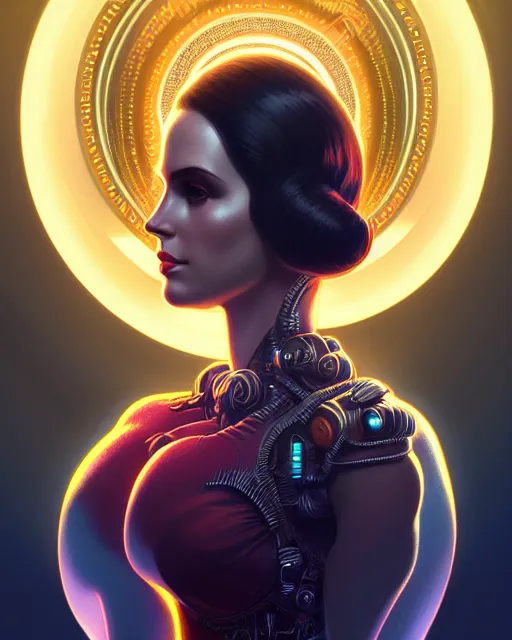 Image similar to symmetry portrait of lana del rey cyborg, glam, deco, glowing intricate, elegant, highly detailed, digital painting, artstation, concept art, smooth, sharp focus, illustration, art by artgerm and greg rutkowski and fra angelico and unreal engine 5