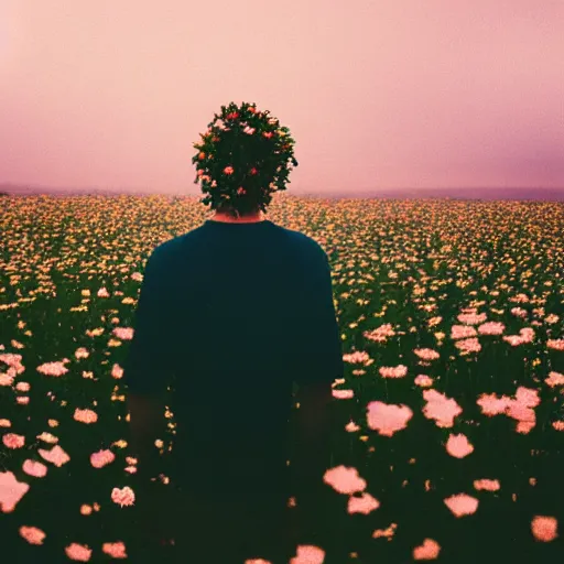 Image similar to kodak colorplus 2 0 0 photograph of a skinny blonde guy standing in a field of flowers, flower crown, back view, grain, moody lighting, telephoto, 9 0 s vibe, blurry background, vaporwave colors!, faded!,