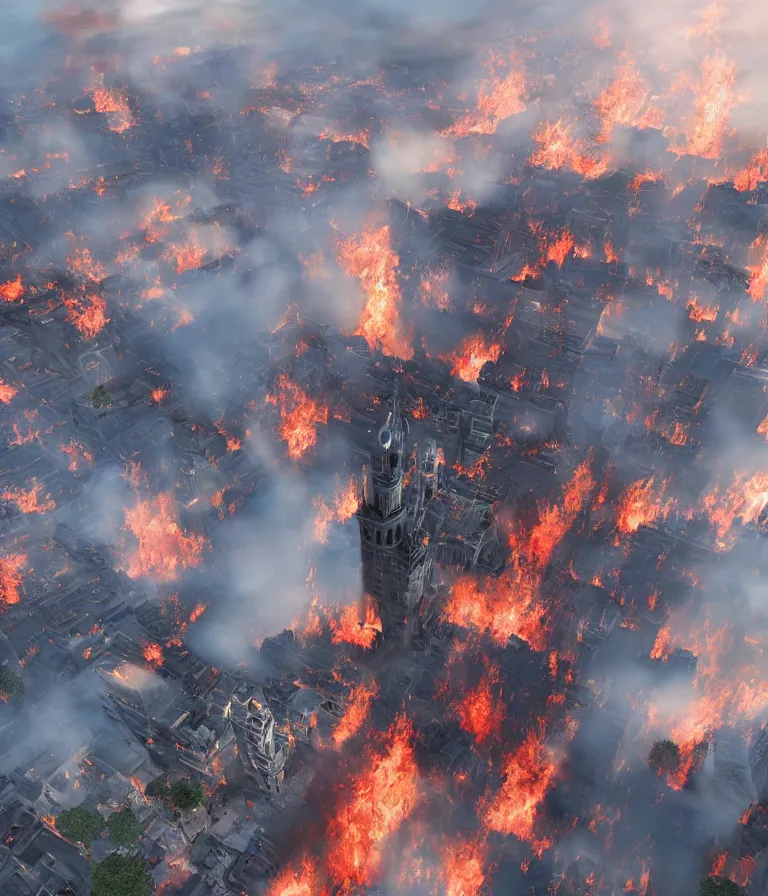 Image similar to a beautiful hyperrealistic detailed 3D render of manchester burning, by Anton Otto Fischer, Atey Ghailan, genzoman, unreal engine, octane render, gigantic, 3D, brilliantly coloured, intricate, ultra wide angle, trending on artstation, embers, smoke, dust, dusk, volumetric lighting, HDR, polished, micro details, ray tracing, 8k