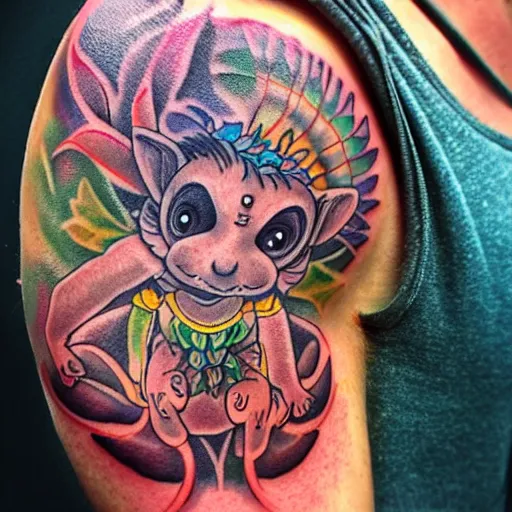 Image similar to shoulder tattoo of a meditating cute bush baby, eyes are sparkeling rainbow spirals, glowing multicolored chakra symbols, surrounded with colorful lotus leaves, insanely integrate