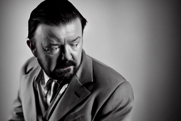 Image similar to an 8 5 mm portrait of ricky gervais as a 1 7 0 0's gangster by gustave baumann, lomography lady grey, ultra realistic, beautiful lighting, dramatic, noise, aron demetz, film