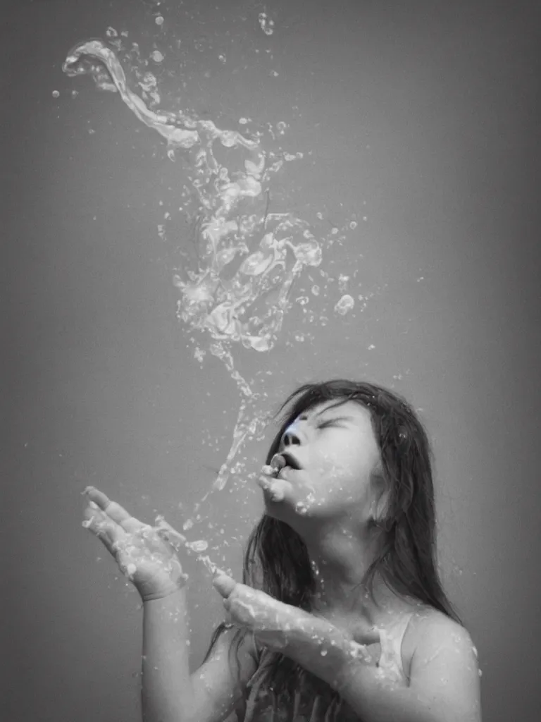 Prompt: analog photographic portrait with 5 0 mm lens and f / 1 2. 0 of a scared girl with her eyes closed and spurting from her mouth a white viscous fluid floating in the air, some worms and insects around her. with a slight variation of light in the liquid and gesture.