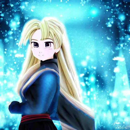 Image similar to portrait focus of Super Saiyan beautiful 3D anime girl!!! Frozen ice!! dark forest background, snowing, bokeh, inspired by Masami Kurumada, digital painting, high contrast, unreal engine render, volumetric lighting, high détail