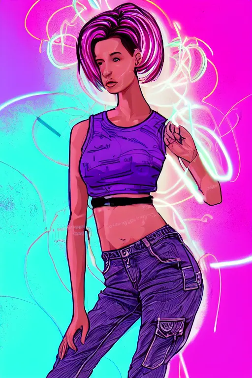 Image similar to a award winning half body portrait of a beautiful woman in a croptop and cargo pants with ombre purple pink teal hairstyle and hands in pockets by ari liloan, surrounded by whirling illuminated lines, outrun, vaporware, shaded flat illustration, digital art, trending on artstation, highly detailed, fine detail, intricate