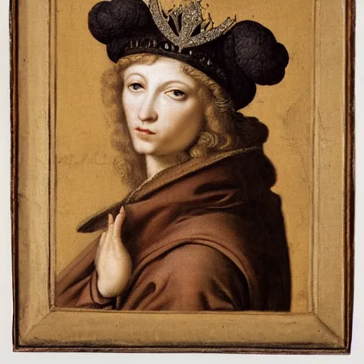 Image similar to renaissance style portrait of an alpine chamois wearing a crown and a cape, dark background