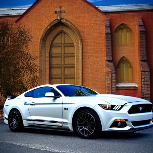 Prompt: Ford Mustang in front of a church in the 10\'s.