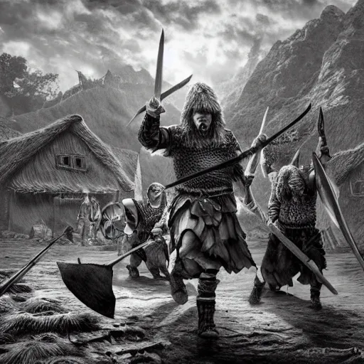 Image similar to vikings plunder the village in the style of kentaro miura, 4 k, 8 k, absolute detail of even the smallest details and particles, beautiful shadows, beautiful art, black and white drawing