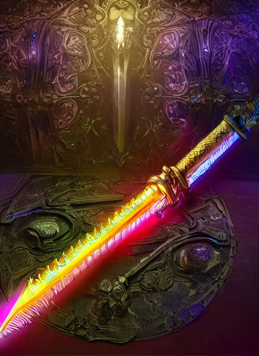 Image similar to legendary glowing sword of cybernetic technology on a table, digital award winning artwork, intimate, intricate, long sharp black and iridescent blade, ornate gothic baroque spikes coming out, colorful hilt, vivid detailed realistic, ray tracing, colored gems, golden pommel, artstation, deviantart