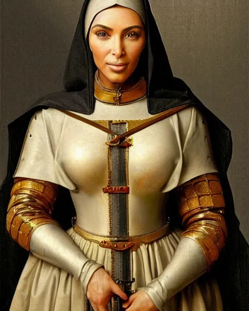 Image similar to kim kardashian as armored battle nun, delicate detailed medieval portrait in the style of eugene de blaas, perfect face