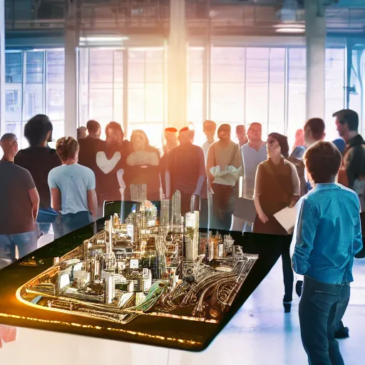 Image similar to large group people in open warehouse, looking at hologram of futuristic city on a table, cinematic concept art, godrays, golden hour, natural sunlight, 4 k, clear details, tabletop model buildings, tabletop model, hologram center table, crane shot, crane shot, crane shot, vr users foreground