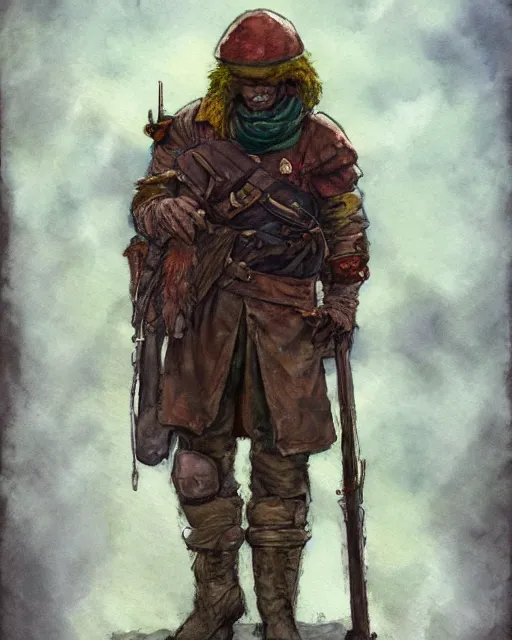 Image similar to a oil / watercolor painting full body character portrait of a homeless soldier / knight in the style of moebius in the style of leonard boyarsky trending on artstation deviantart pinterest detailed photorealistic highlights and shadow hd 8 k post - processing high resolution