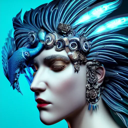 Image similar to 3 d goddess close up russian profile portrait with ram skull. beautiful intricately detailed raven mask, betta fish, phoenix jellyfish, bioluminescent, plasma, ice, water, wind, creature, artwork by wu and wlop and beeple and greg rutkowski